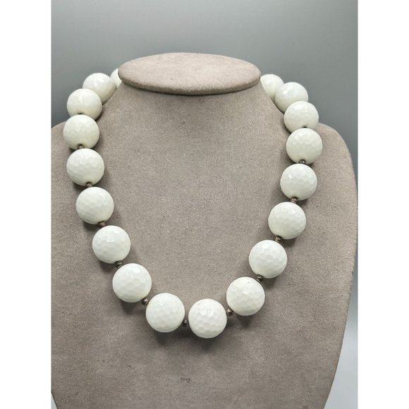 White Glass Beads Necklace Oversized Beads Unusual Signed Sterling Silver Clasp - Picture 3 of 9